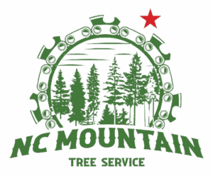 NC Mountain Tree Service logo featuring trees and saw blade design – serving Candler and Western North Carolina
